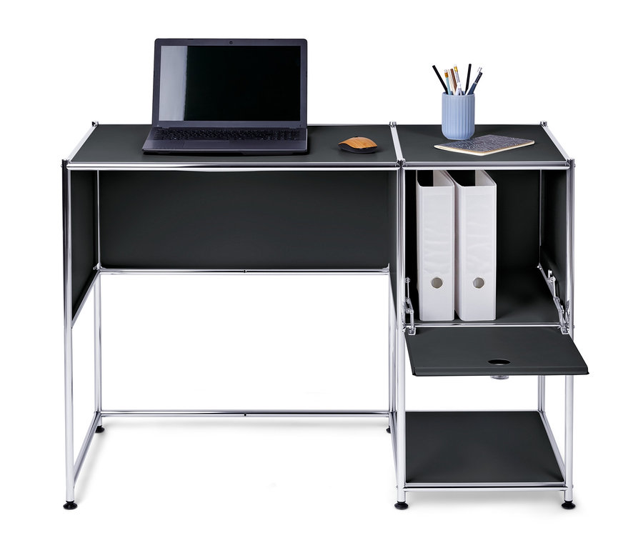 Schreibtisch Metall »CN3« mit Klapptür, schwarz, mit Laptop, Maus, Stiften und Ordnern.