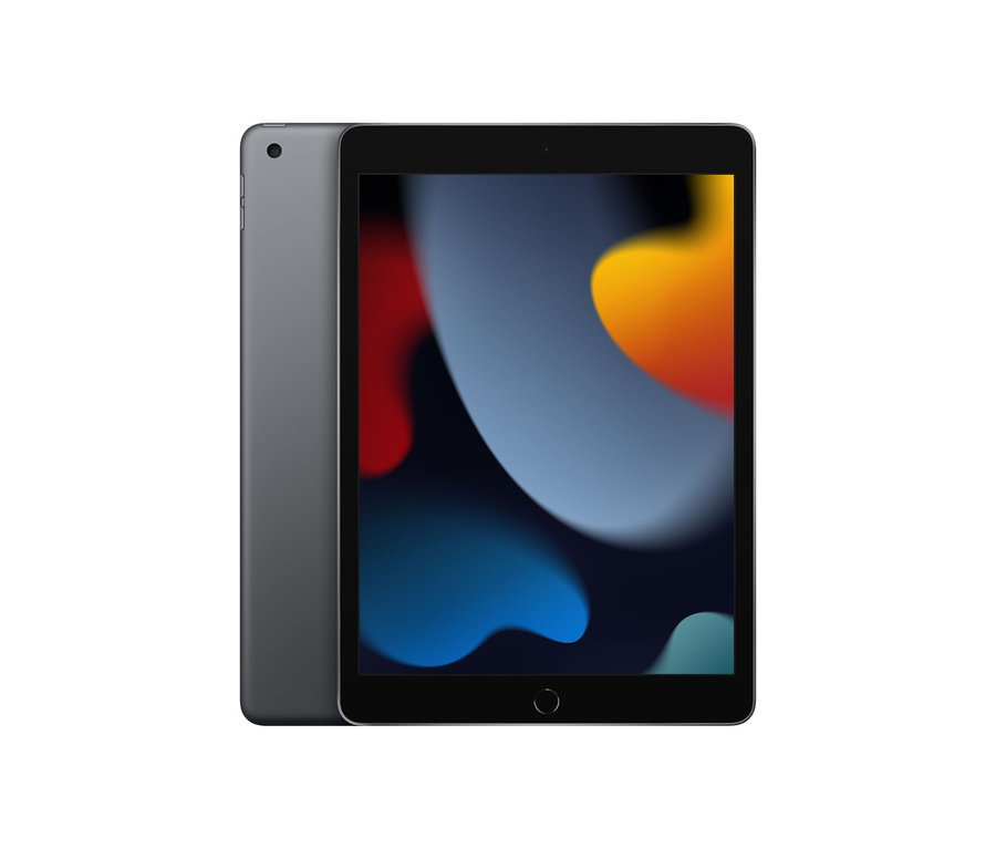 Graues Apple iPad 9. Generation mit schwarzem Bildschirmrand.