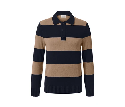 Gestreifter Pullover mit Cashmere-Anteil, Kragen und Knöpfen.
