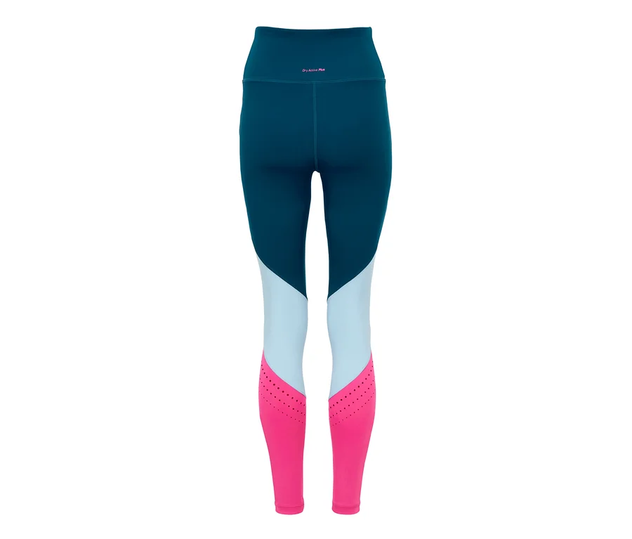 Eine 7/8-Sporttight in Blau, Rosa und Weiß.