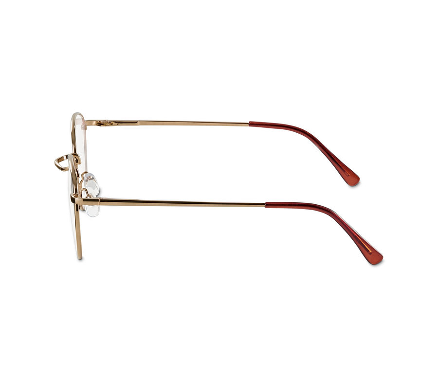 Detail einer Lesebrille mit goldenem Metallrahmen und roten Bügelenden.