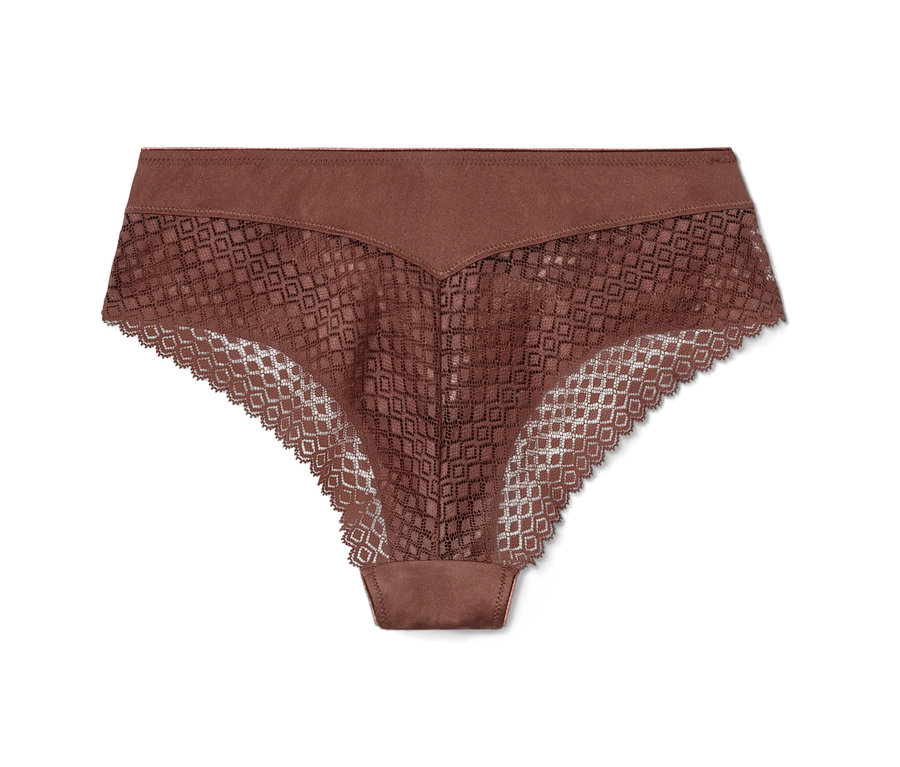 Kastanienfarbener Brazilslip mit Spitze.