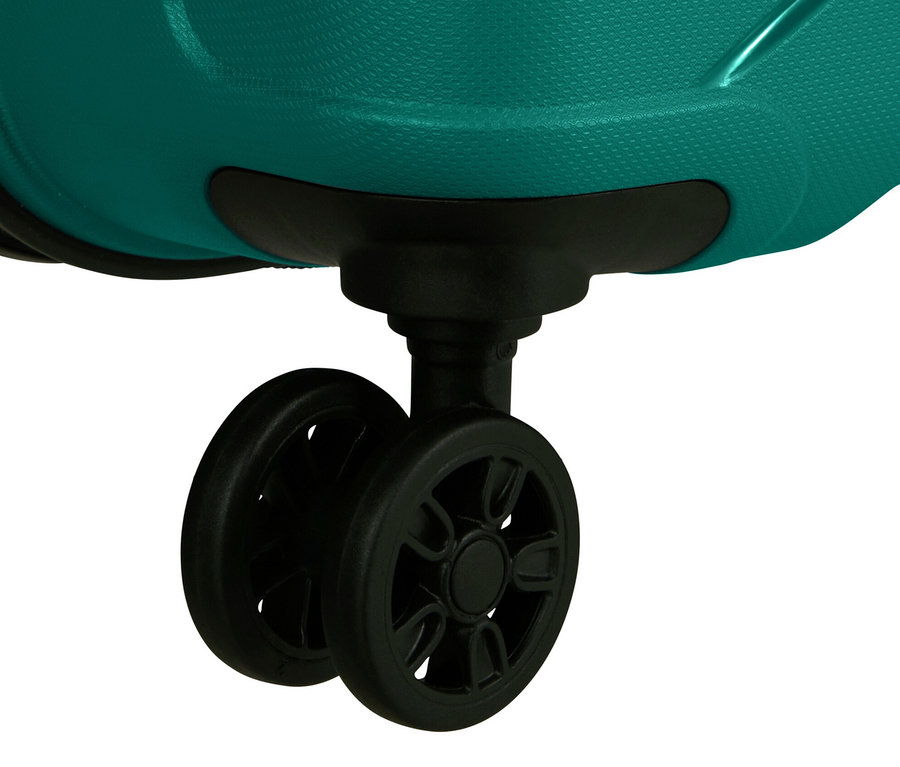 Detailansicht eines mittelgroßen American Tourister »Jetdriver 3.0« Koffers in Sportlich-Blaugrün mit schwarzen Rollen.