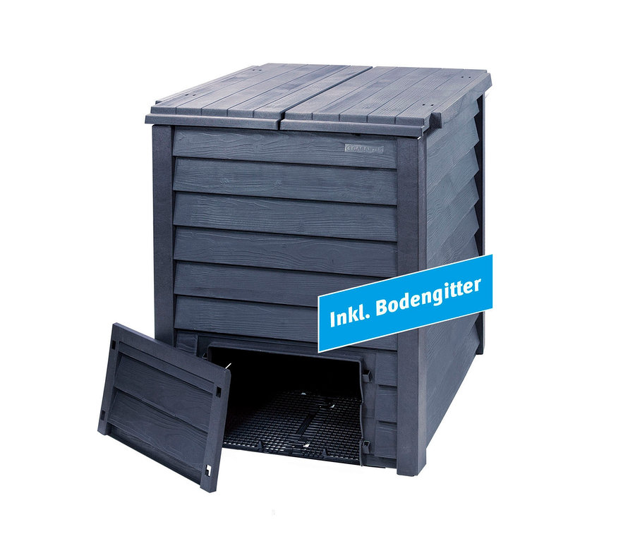Ein dunkelgrauer Garantia Thermo-Wood Komposter mit geöffneter Tür und einem Gitter am Boden.