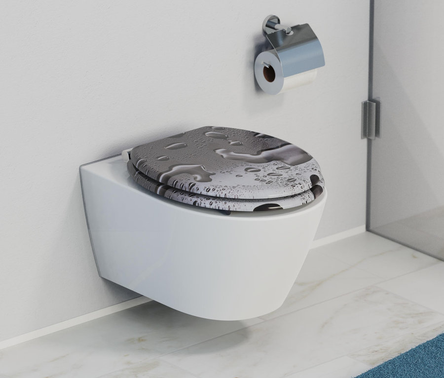 Weißes Wand-WC mit MDF WC-Sitz, Grey Steel mit Wassertropfenmuster.