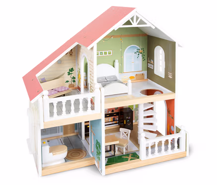 Detailansicht eines Small Foot Puppenhauses mit Dachterrasse, das mehrere Zimmer mit verschiedenen Möbeln hat.