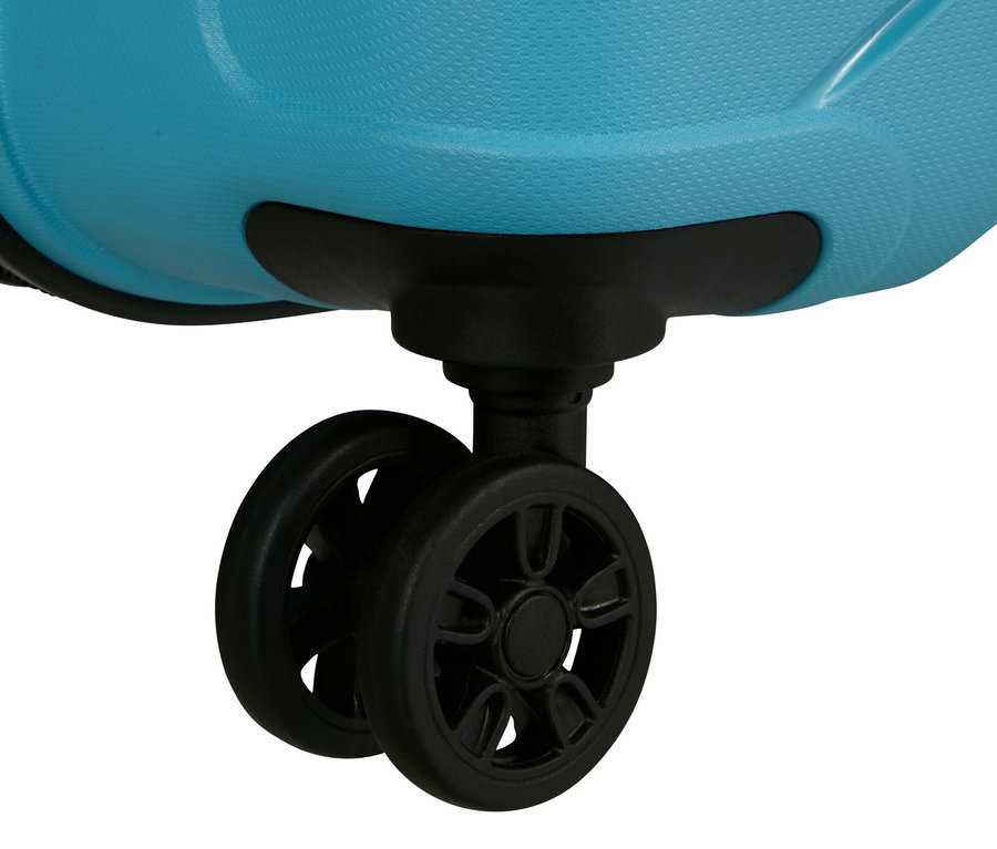 Detailansicht der Rollen eines hellblauen American Tourister »Jetdriver 3.0« Koffers.