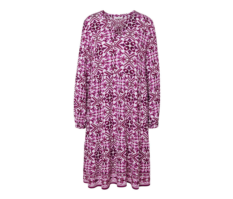 Bedrucktes Webkleid mit langen Ärmeln und V-Ausschnitt.