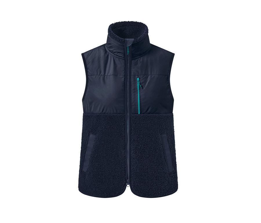 Eine marineblaue Teddy-Weste mit Taschen und Reißverschluss.