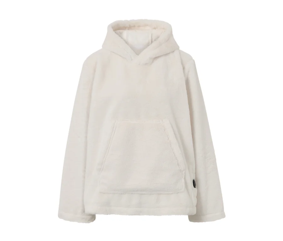Ein weißer Akku-Heizpullover mit Kapuze und Kängurutasche.