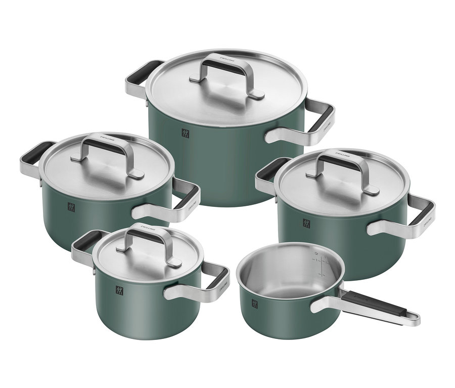 Grünes, 5-teiliges ZWILLING PURE Edelstahl-Kochgeschirr-Set.