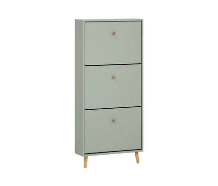 Pistaziengrüner Schuhschrank »Bjarne« mit 3 Klappen und Holzfüßen.