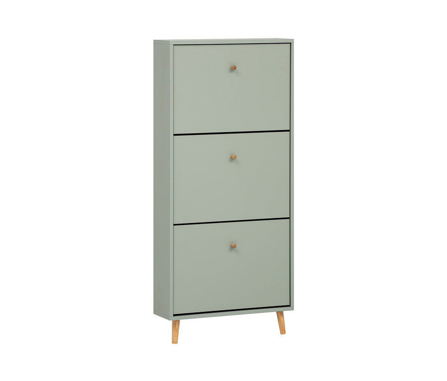 Pistaziengrüner Schuhschrank »Bjarne« mit 3 Klappen und Holzfüßen.