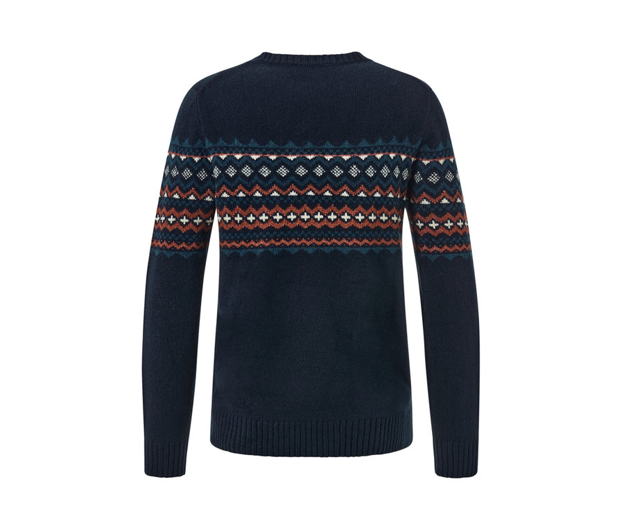 Detailaufnahme eines marineblauen Strickpullovers.