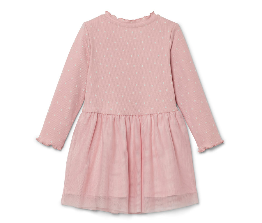 Rosa Kinder-Rippkleid mit langen Ärmeln und weißen Punkten.