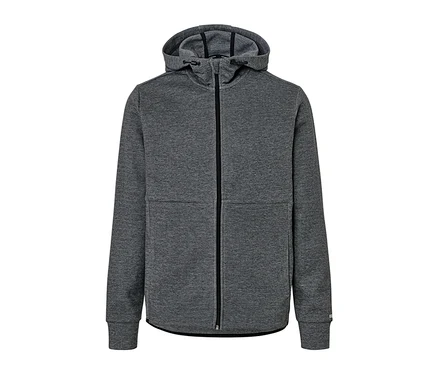 Graue Funktionssweatjacke mit Reißverschluss und Kapuze.