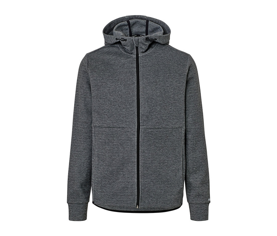 Graue Funktionssweatjacke mit Reißverschluss und Kapuze.