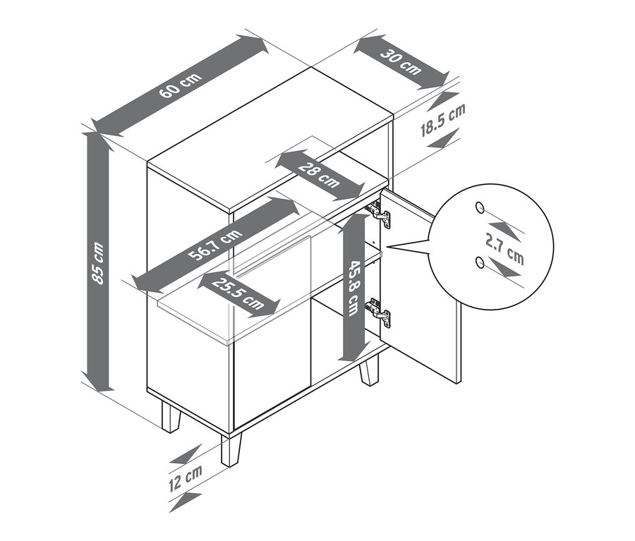 Schema eines Sideboards mit 2 Türen und offenem Fach mit eingezeichneten Maßen.