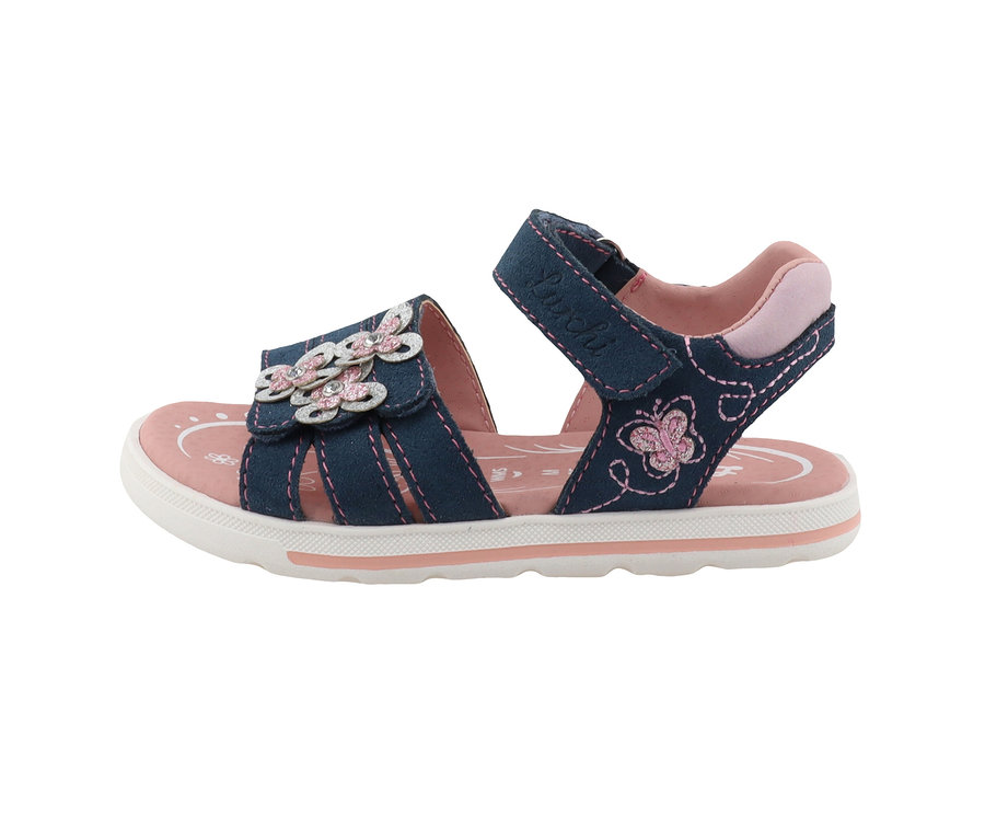 Marineblaue Lurchi Sandale mit Blumenapplikation.