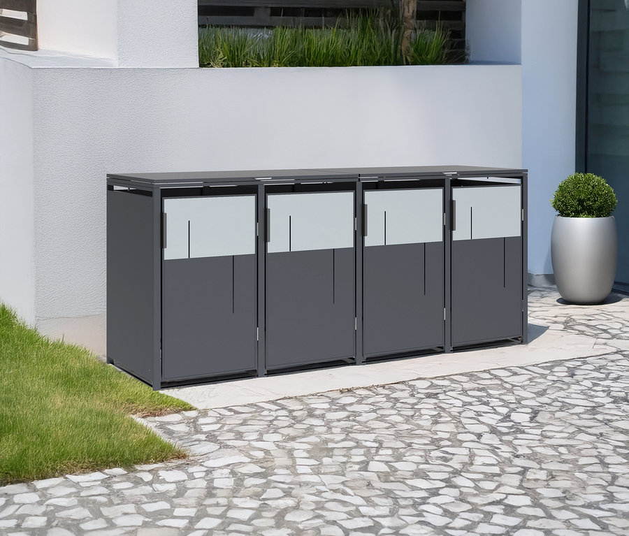 Vier graue Mülltonnenboxen mit Milchglas und ein silberner Blumentopf mit Pflanze.