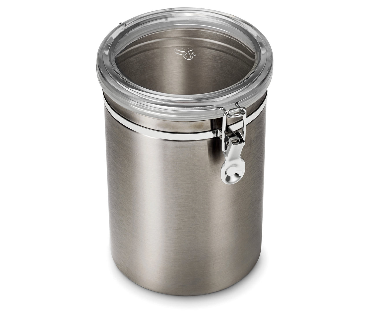 Eine Aromadose aus Edelstahl mit einem Fassungsvermögen von 1 kg steht vor einem weißen Hintergrund.