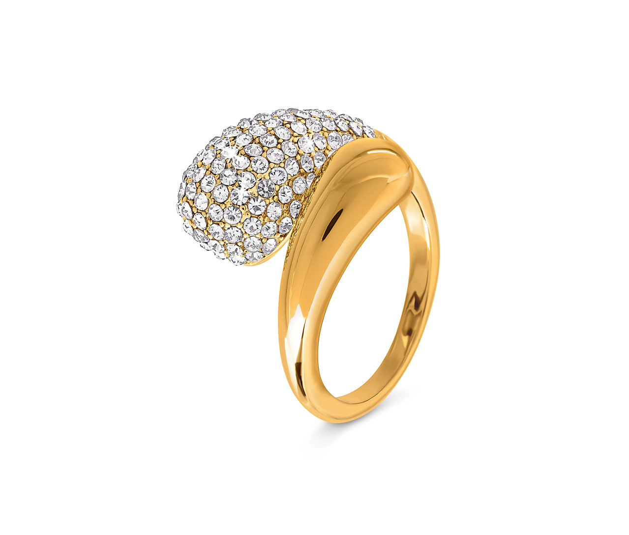 Goldener Ring mit ovalem Schmuckstein, der mit klaren Kristallen besetzt ist.