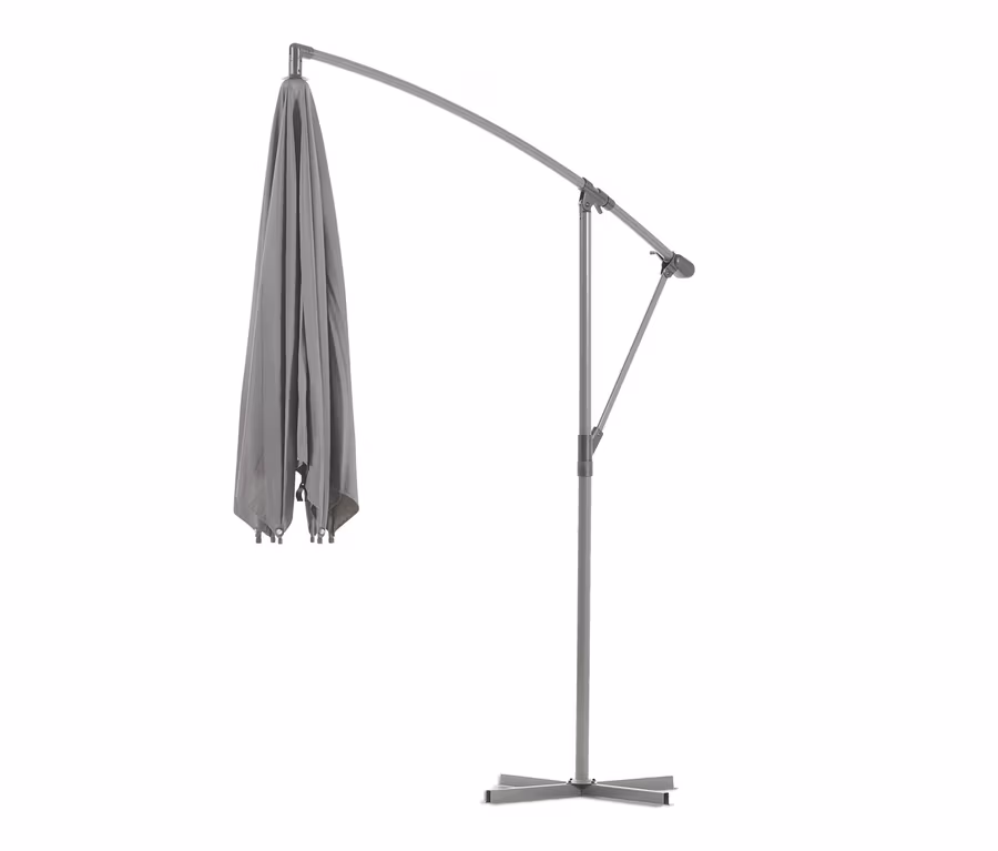 Grauer Leco Ampelschirm* Ø 300 cm, inklusive Schirmständer und Abdeckhaube, zusammengeklappt.