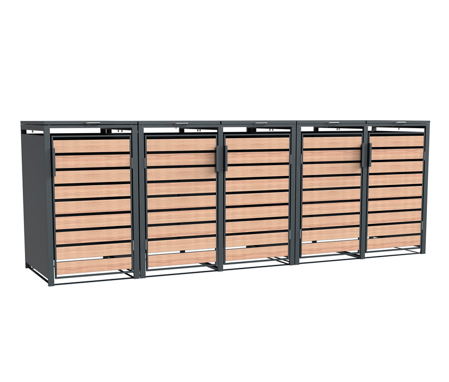 Fünf Mülltonnenboxen, 1er und 5er.