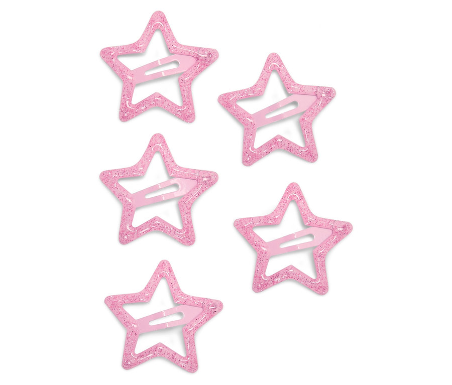 Fünf glitzernde, rosafarbene Haarspangen in Sternform auf weißem Hintergrund.