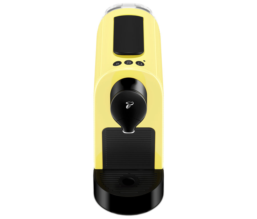 Gelbe Tchibo Kaffeekapselmaschine mit schwarzem Sockel.