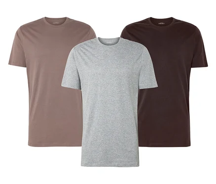 Drei kurzärmelige T-Shirts in Braun, Grau und Dunkelbraun.