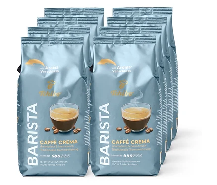 Mehrere Packungen Barista Caffè Crema Kaffee in grauer Verpackung mit Kaffeetassenbild.