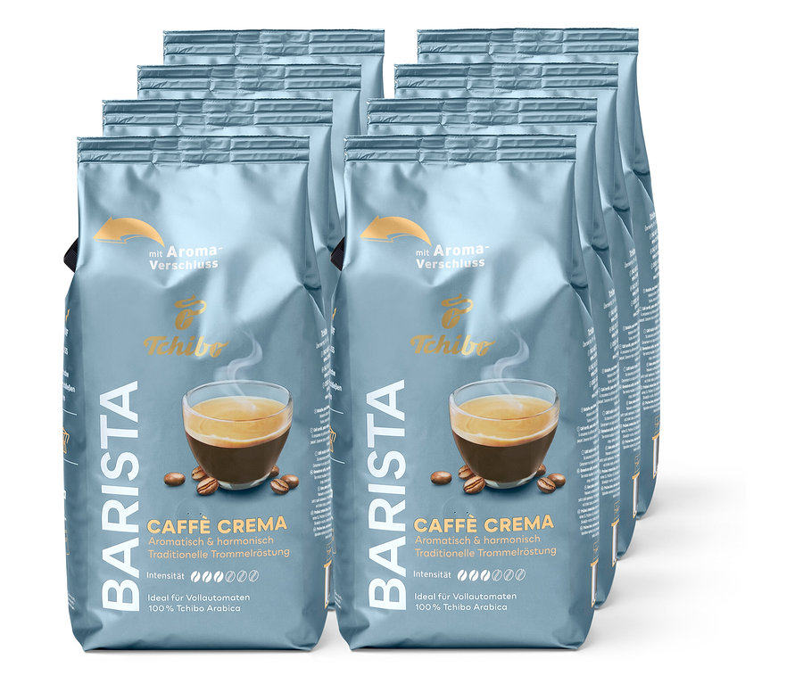Mehrere Packungen Barista Caffè Crema Kaffee in grauer Verpackung mit Kaffeetassenbild.