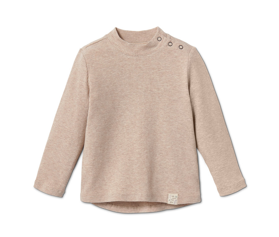 Beige Baby-Rippshirt mit langen Ärmeln und Knöpfen am Halsausschnitt.
