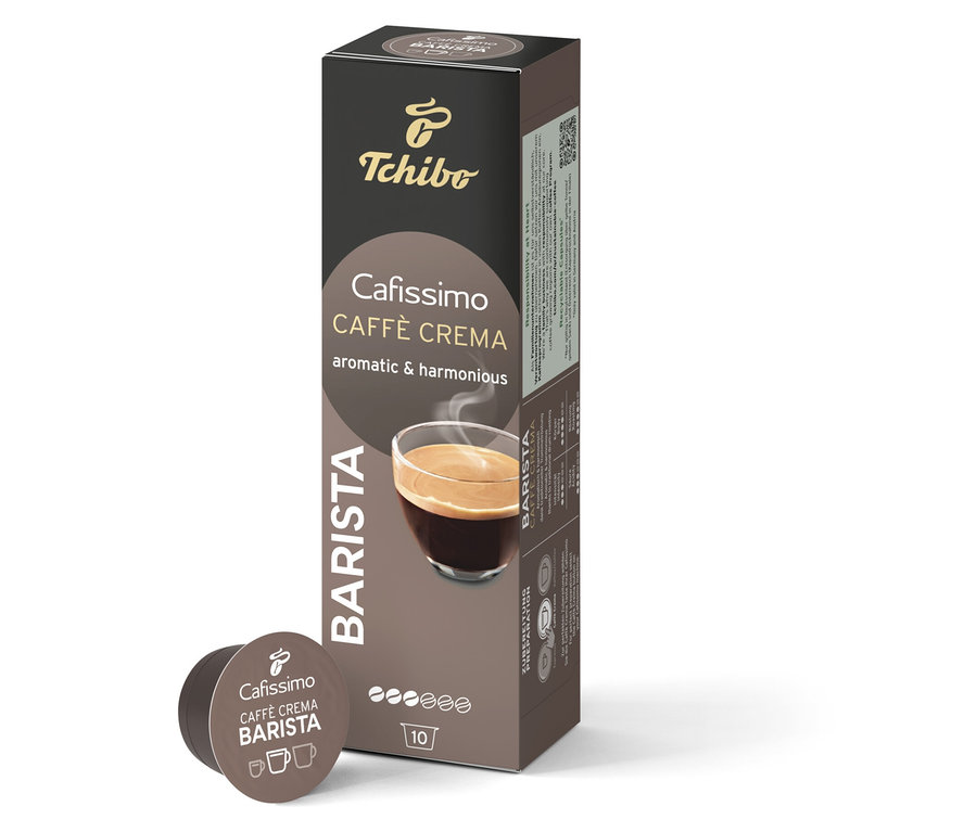 Eine Packung und eine Kapsel Cafissimo BARISTA Caffè Crema.