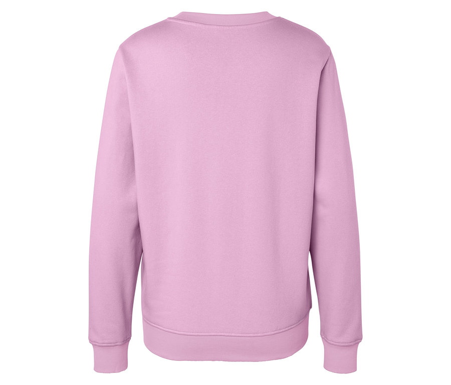 Rückseite eines hellvioletten Langarm-Sweatshirts vor einem weißen Hintergrund.