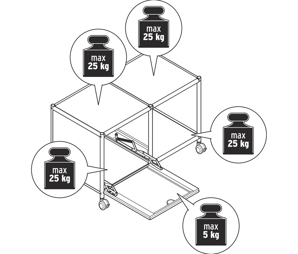 Abbildung eines weißen Metall-Beistelltisches »CN3« mit einem Klappfach und Rollen.