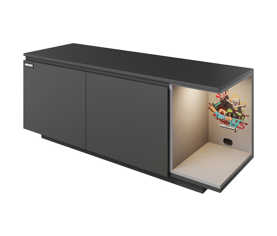 Ein roba Minecraft TV Lowboard in Anthrazitgrau mit zwei Türen und einem offenen Fach mit Minecraft-Motiv.