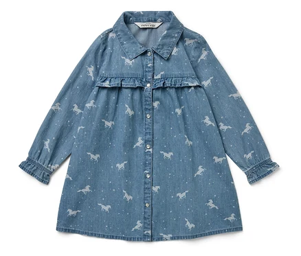 Blaues Jeanskleid mit Pferde-Print, langen Ärmeln und Rüschen.