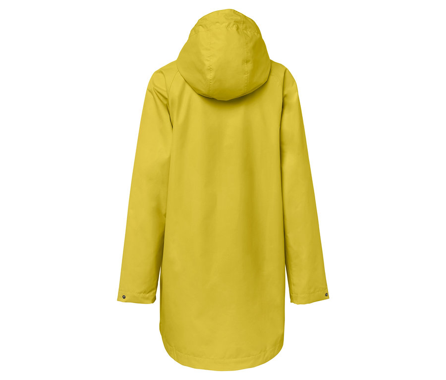 Gelbe Regenjacke mit Kapuze von hinten.