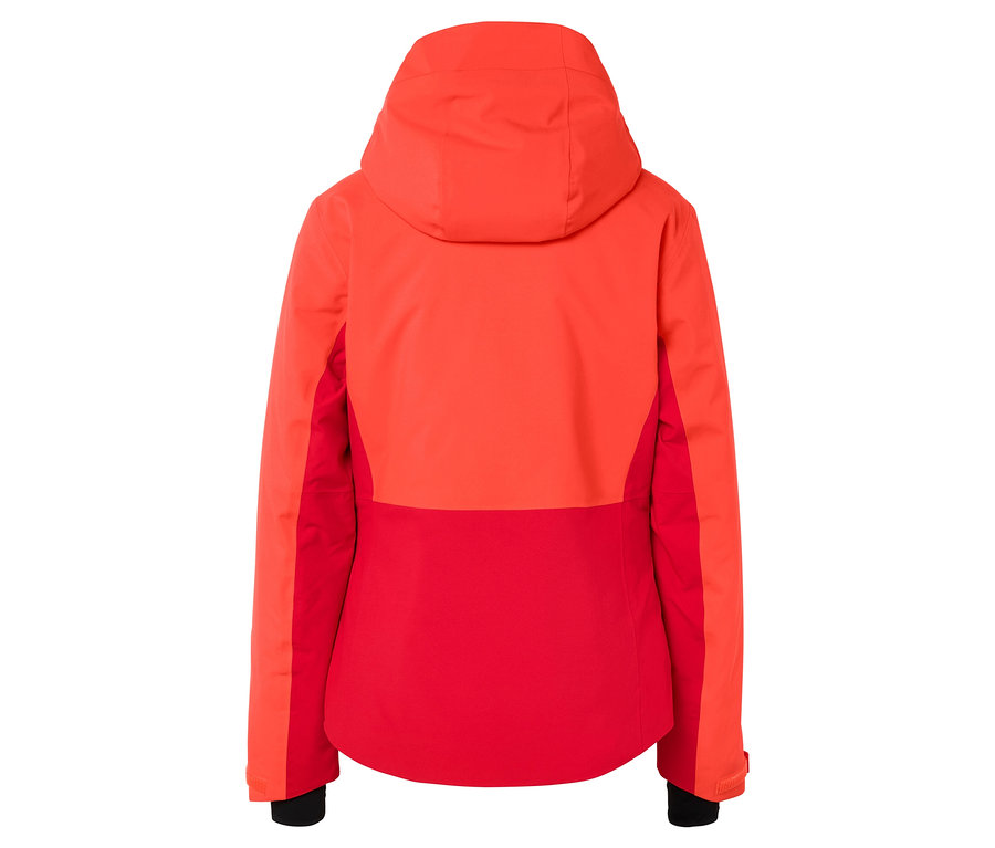 Rückansicht einer rot-orangen Skijacke mit Kapuze.