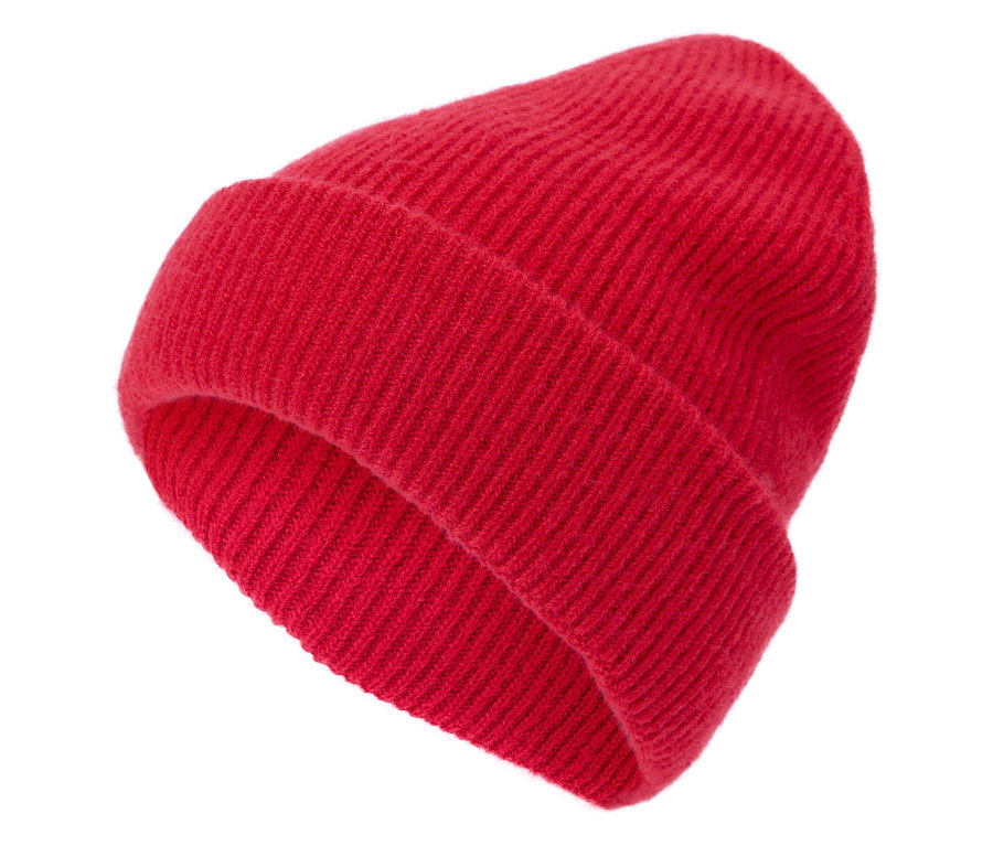 Nahaufnahme einer roten Strickmütze.