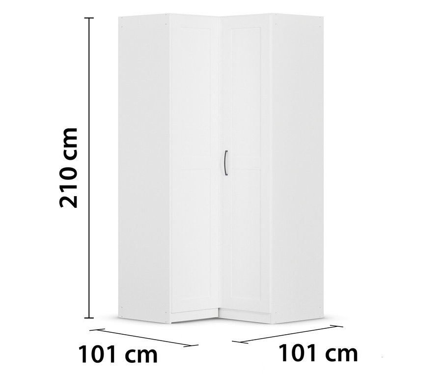 Weißer Eckschrank mit den Maßen 210 cm Höhe und 101 cm Breite.
