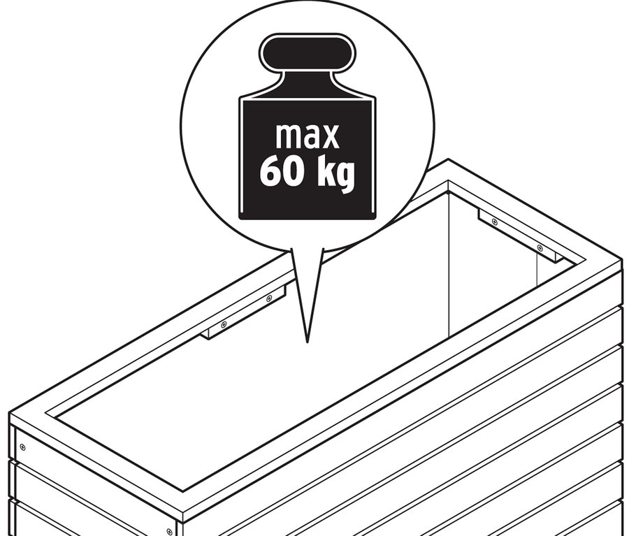 Zeichnung eines rechteckigen Hochbeets mit einer maximalen Traglast von 60 kg.