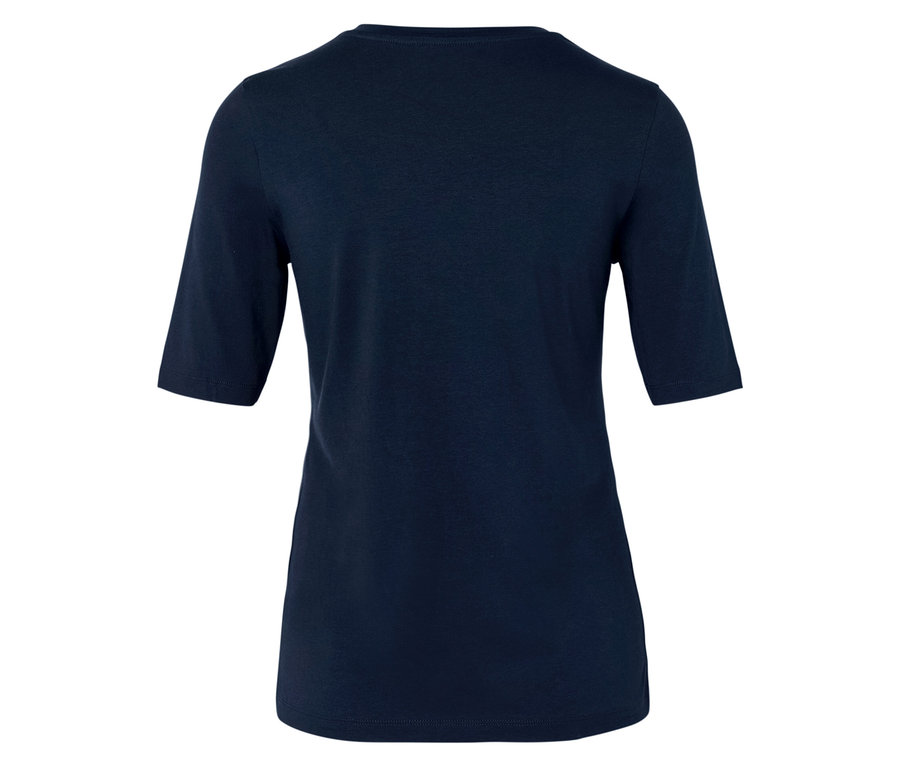 Rückansicht eines marineblauen T-Shirts mit kurzen Ärmeln.
