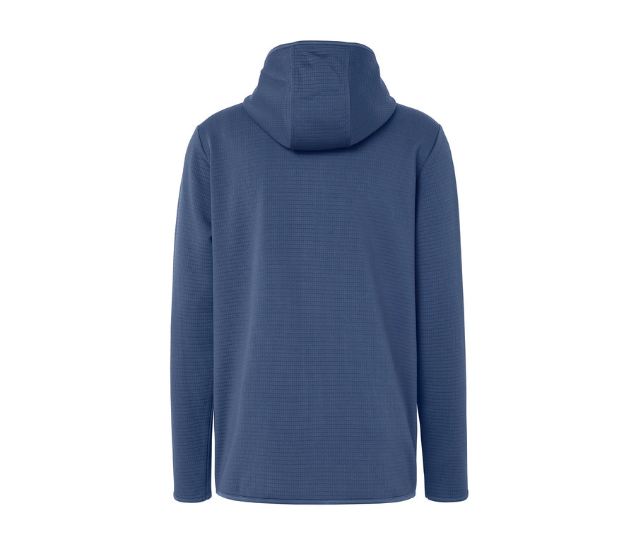 Rückansicht einer blauen Funktionsjacke mit Kapuze.