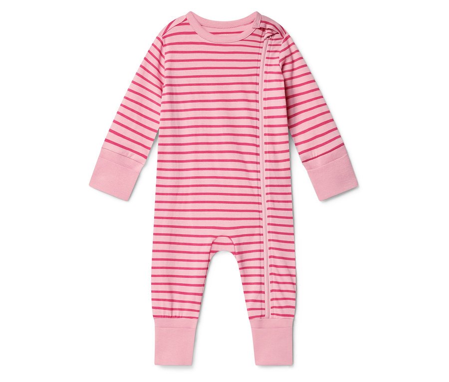 Rosa gestreifter Baby-Schlafstrampler mit durchgehendem Reißverschluss.