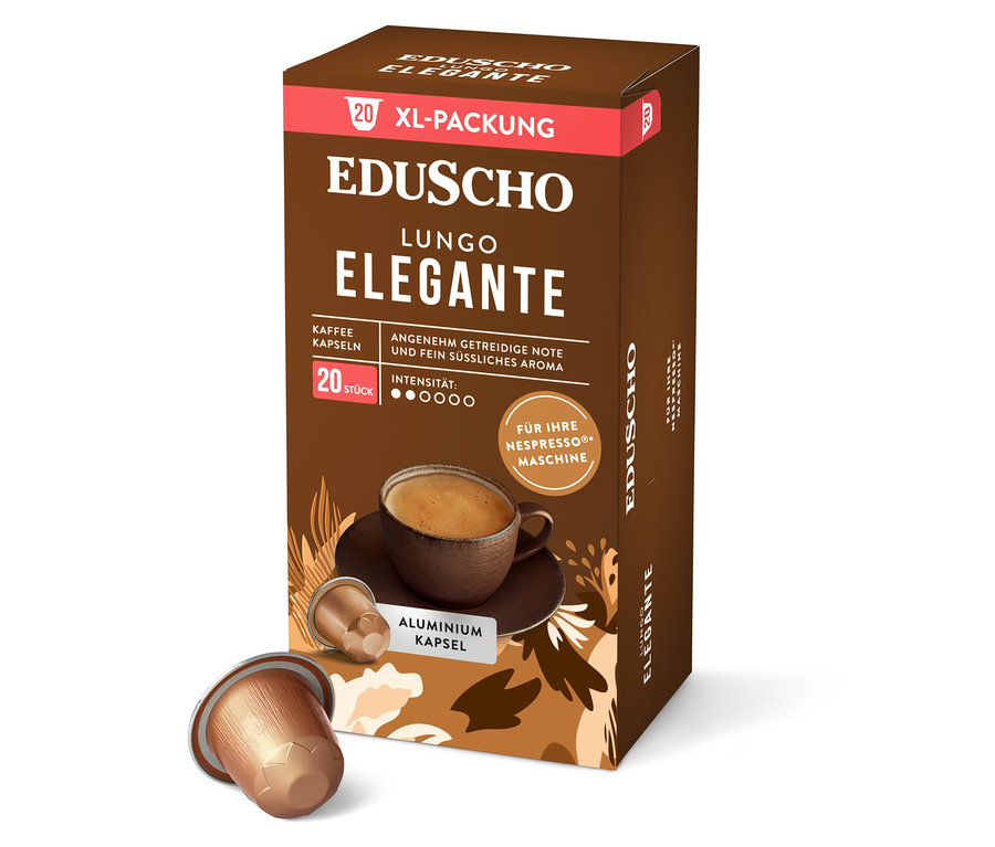 Eine Packung Eduscho Elegante Lungo Kaffeekapseln mit 20 Stück und zwei einzelnen Kapseln.