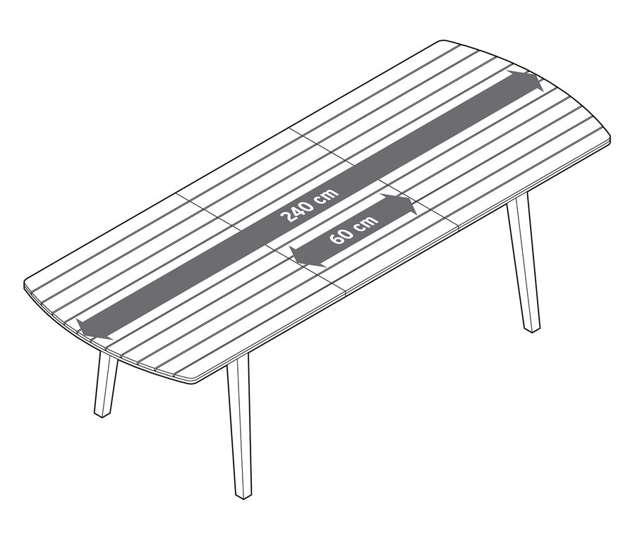 Draufsicht auf einen ausziehbaren Gartentisch mit abgerundeten Fronten, ca. 180-240 cm.