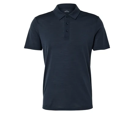 Dunkelblaues Poloshirt mit kurzen Ärmeln und Knopfleiste.